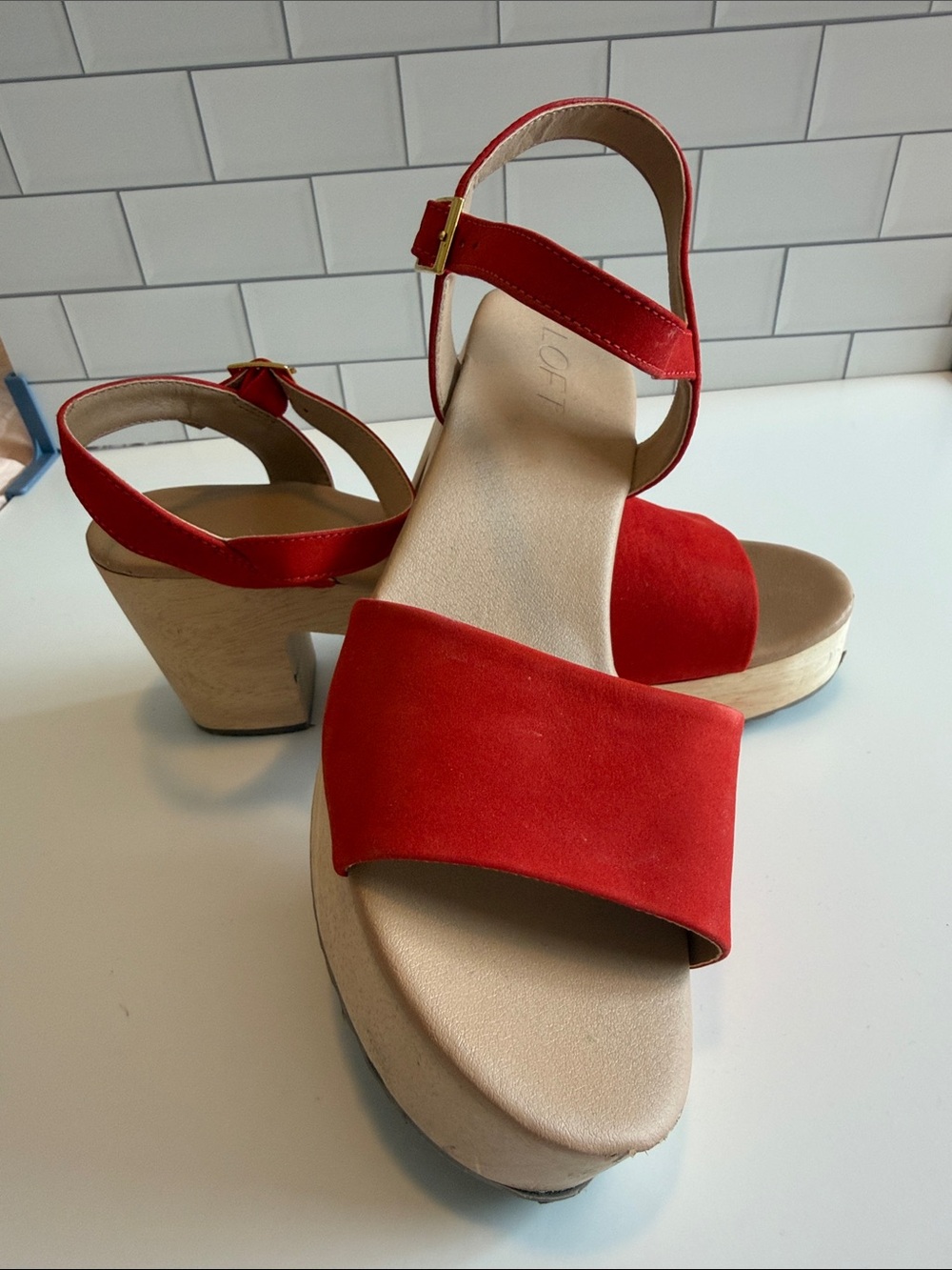 LOFT Red Suede Platform Sandals with Ankle Strap